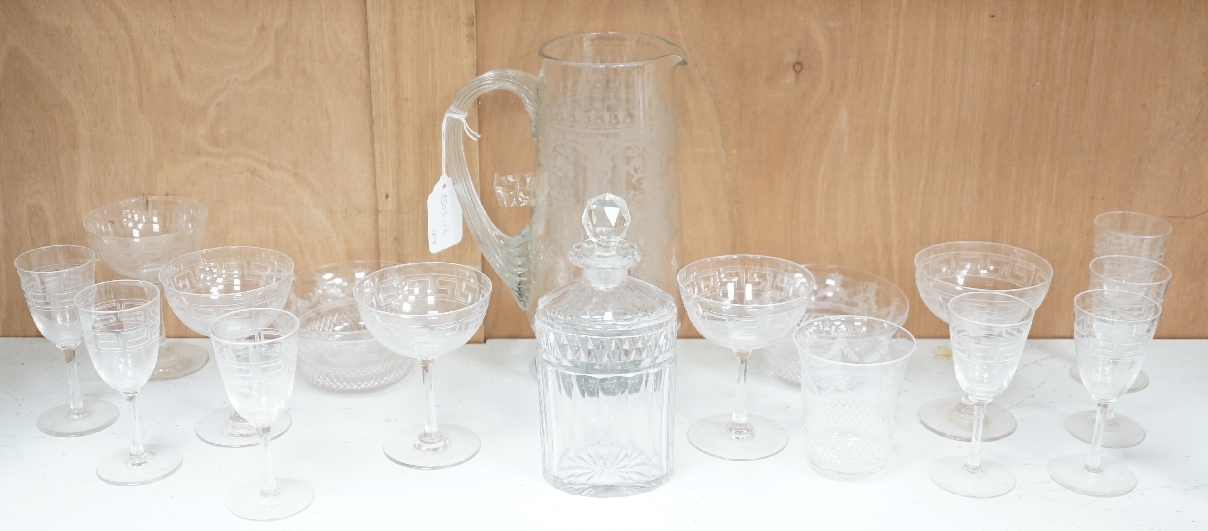 A selection of various engraved glassware, together with a cut glass decanter and stylish jug. Tallest 25cm